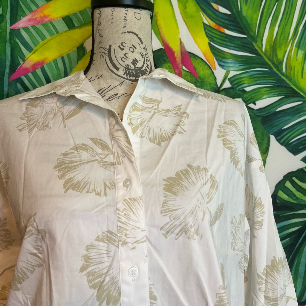 Express S Boyfriend Portofino White Tan Floral Button Down Work Office Shirt